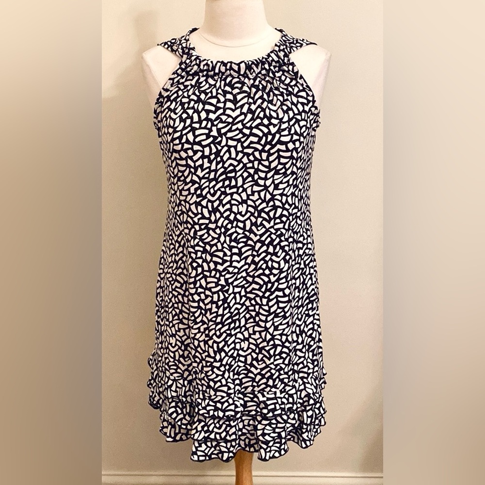 MSK Black White Monochrome Abstract Sequin SZ 8 Contemporary Ruffle Party Dress